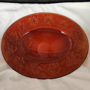 Vintage 60's Amber Oval Serving Platter/Tray With Leaves
